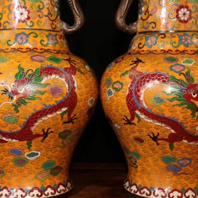 Metal Pair of Chinese Cloisonné Vases | Dragon & Phoenix Motif With Elephant Handles For Sale - Image 7 of 8