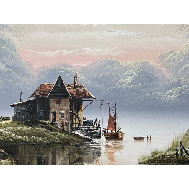 River Landscape with Water Mill in England with Lush Trees by British Artist 1976 For Sale - Image 6 of 16