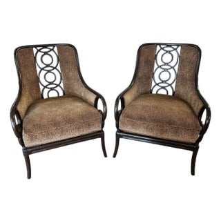Pair Vintage Lexington Tommy Bahama Coastal Bamboo Rattan Brown Lounge Chairs For Sale
