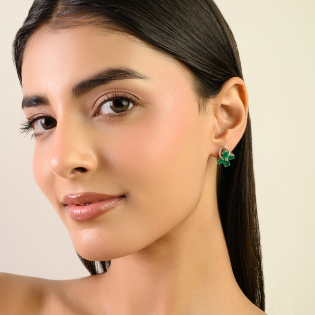 Art Deco Emerald Clover Bloom With Diamond Heart Drop Dainty Earrings- 2 Pieces For Sale - Image 3 of 10