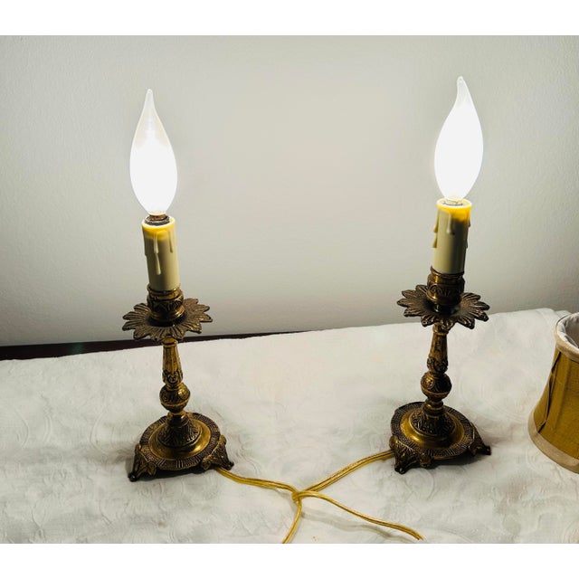 Traditional Pair Small Early 20th Century Brass Candlestick Lamps For Sale - Image 3 of 5