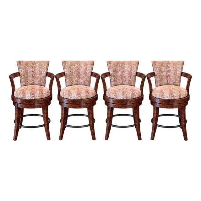 Set of 4 Swaim Griswold Transitional Swivel Bar Stools in Cowtan & Tout Fabric For Sale
