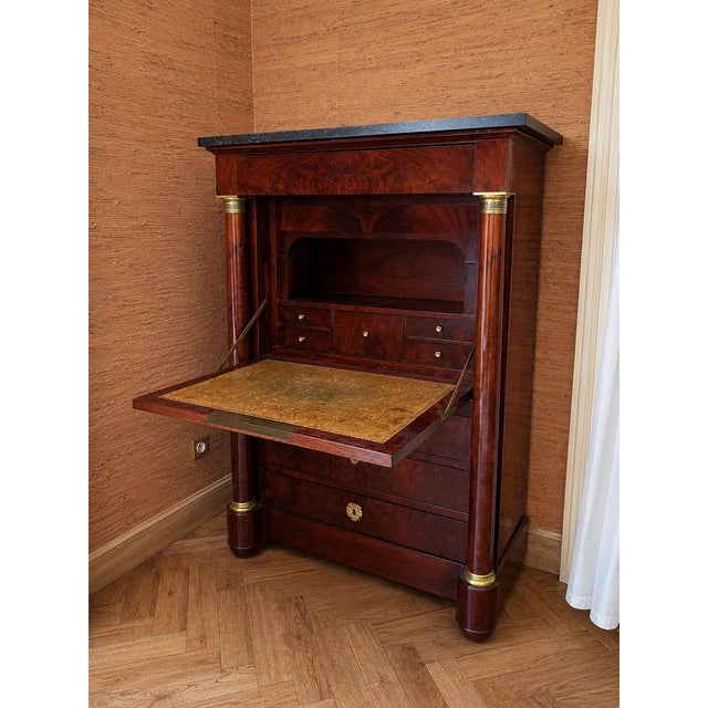 Traditional French Empire Secretaire in Flame Mahogany with Black Marble Top, 1800s For Sale - Image 3 of 9