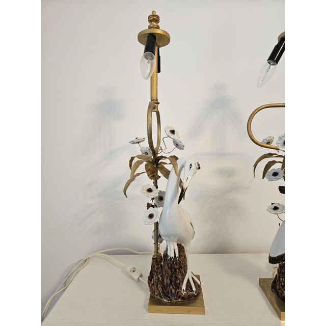 A wonderful pair of crane-shaped lamps, made of hand-painted porcelain. Produced in Italy between 1960 and 1970. The...