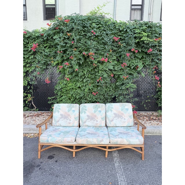 High Quality Vintage Rattan Bamboo Sofa with Original Upholstered Cushions. Unknown Maker. In style of John Wisner for...