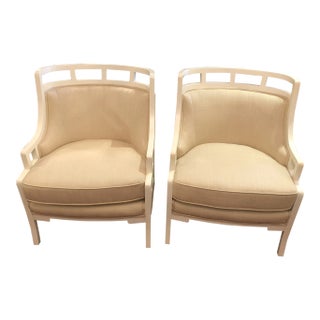 White Painted Barrel Back Club Chairs Upholstered in Linen -A Pair For Sale