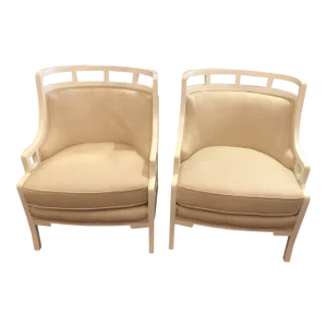 White Painted Barrel Back Club Chairs Upholstered in Linen -A Pair