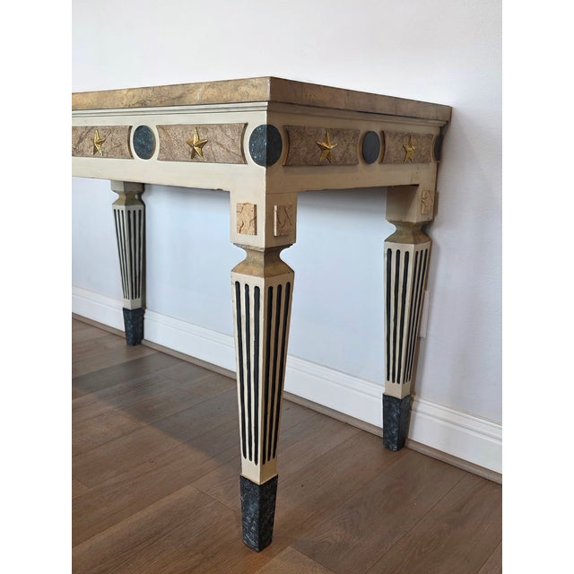 Neoclassical Gustavian Style Gilt Bronze Mounted Cream Painted Console Table With Marbelized Faux Marble For Sale - Image 12 of 18
