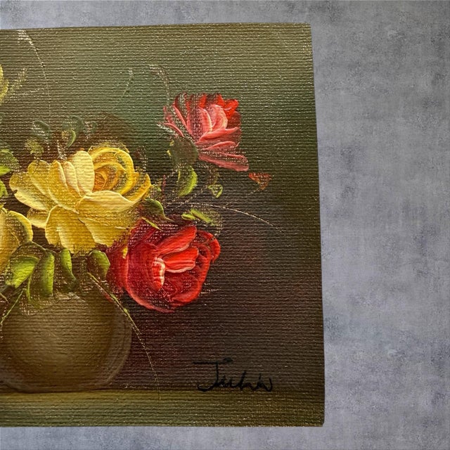 Vintage Floral Oil Painting Original Signed Rose Still Life Small Canvas 1960s For Sale - Image 4 of 6