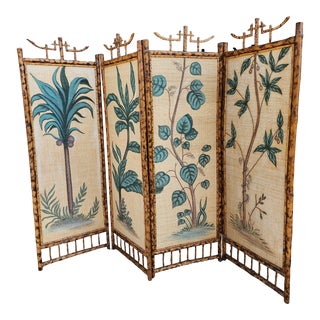 Chinoiserie Bamboo Screen With Hand Painted Palm Trees For Sale
