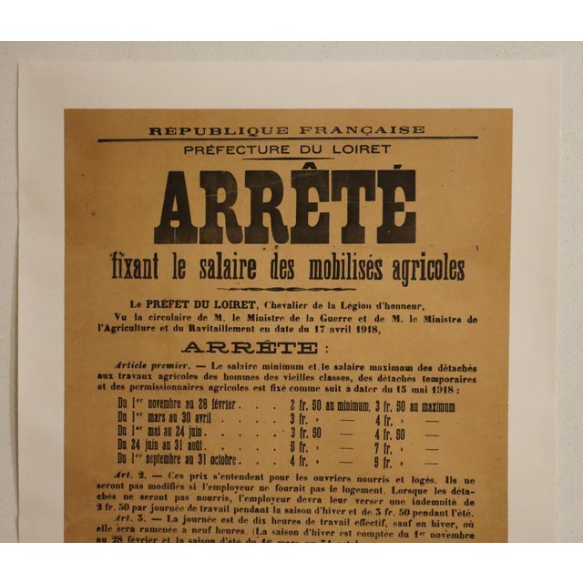 Date: 1918 Size: 20.75 x 25.75 inches About the Poster: "Arrête - fixant le salaire des mobilisés agricoles " which...