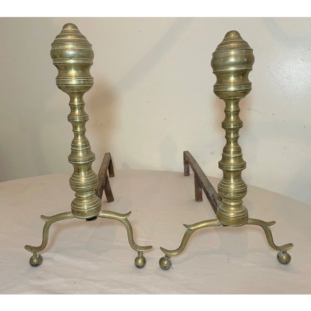 Traditional Pair of Turned 18th Century Peened Brass Wrought Iron Georgian Andirons 1700's For Sale - Image 3 of 15