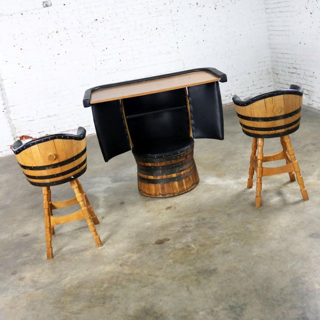 Mid Century Whiskey Barrel Bar and Swivel Bar Stools by Brothers
