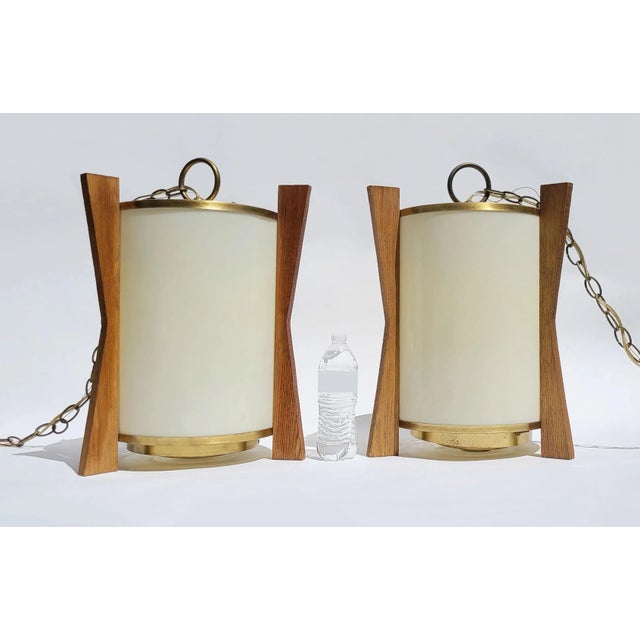 Pair of Sanctuary Fin-Framed Drum 4-Light Chandelier Pendants With Brushed Brass Ring Diffusers For Sale - Image 4 of 11