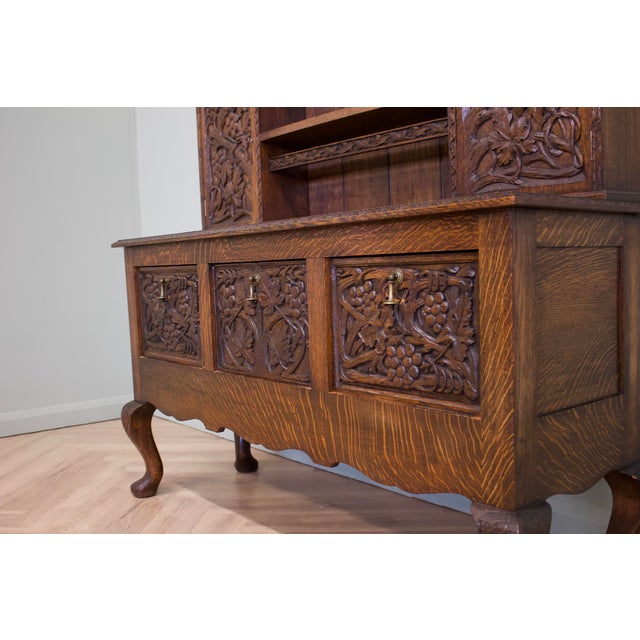 Wood Vintage Jacobean Oak Carved Cabinet Dresser, 1980s For Sale - Image 7 of 13