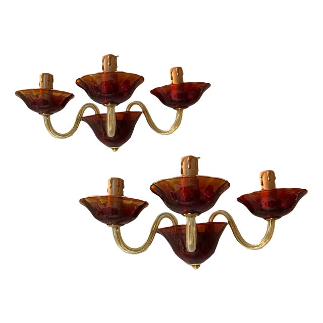 Vintage Italian Ruby Red Murano Glass Sconces from Made Murano Glass, Set of 2 For Sale
