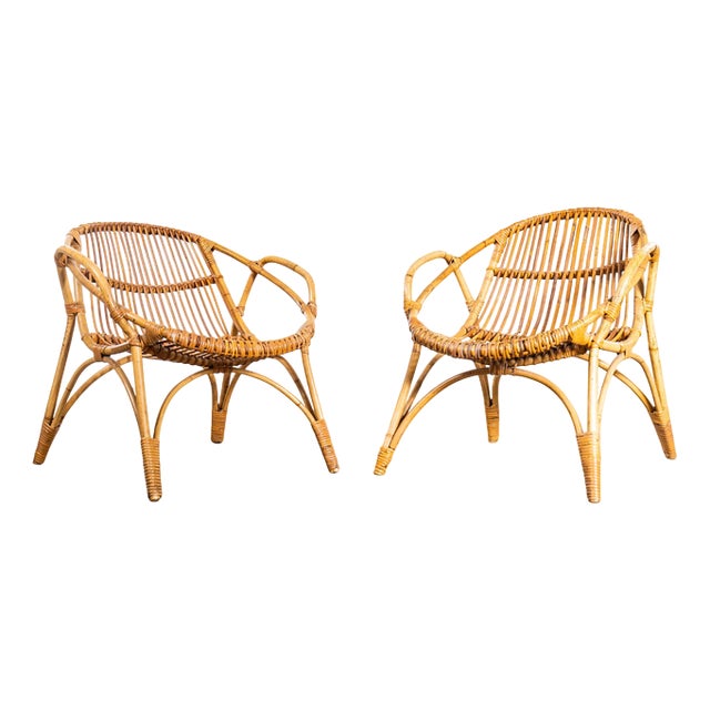 Rattan Armchairs with Handles, 1960s, Set of 2 For Sale