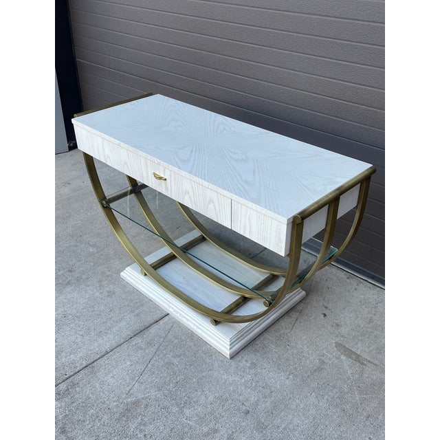 Mid 20th Century Thomasville White Pickled Oak Finish Brass U Shape