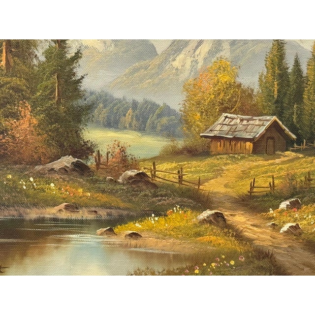 Alpine Mountain Hut Vintage Landscape Painting by 20th Century German Artist 1975 Circa For Sale - Image 4 of 18
