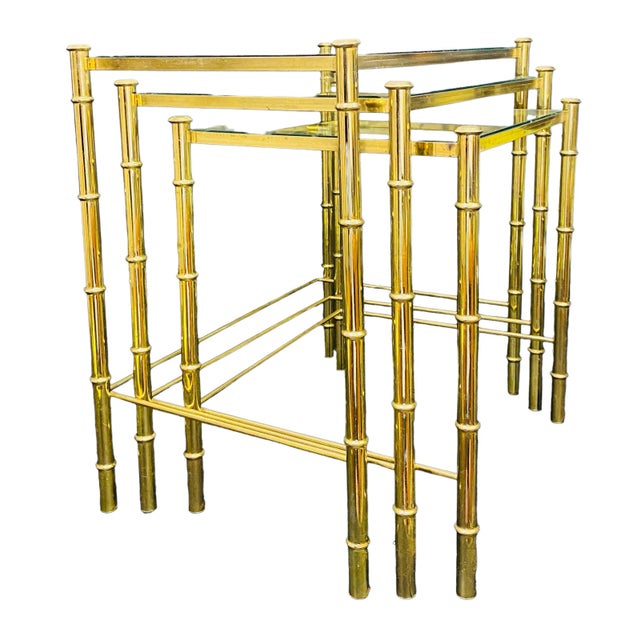 Mid-Century Modern 1970's Brass Faux Bamboo Nesting Tables With Glass a Set of 3 For Sale - Image 3 of 12