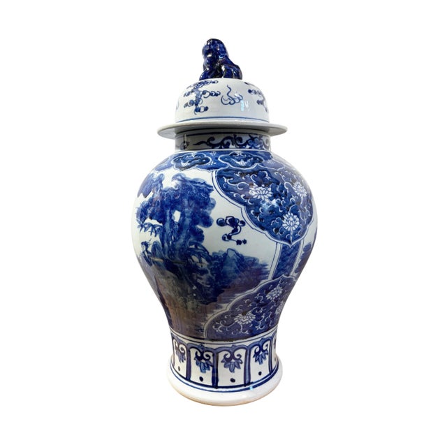 Vintage Lg Chinoiserie Cobalt Blue & White Temple Ginger Jar 23" H For Sale - Image 10 of 12