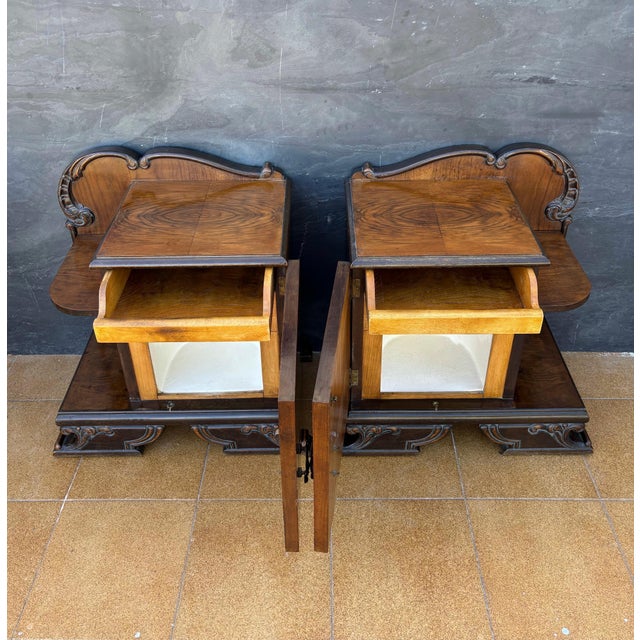 Brown Pair of Art Deco Walnut Bedside Nightstands, 1940s For Sale - Image 8 of 9