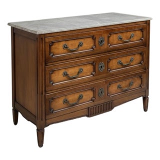 Mid-Century French Louis XVI Style Marble Top Carved Walnut Commode / Chest For Sale