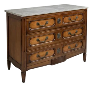 Mid-Century French Louis XVI Style Marble Top Carved Walnut Commode / Chest
