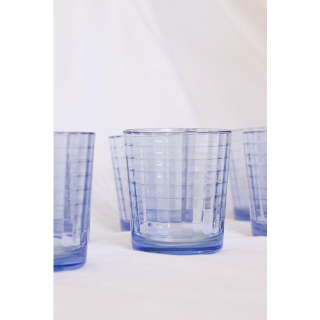 A striking set of eight vintage lowball glasses by Paşabahçe, featuring a bold block optic patterned glass in "scotch...
