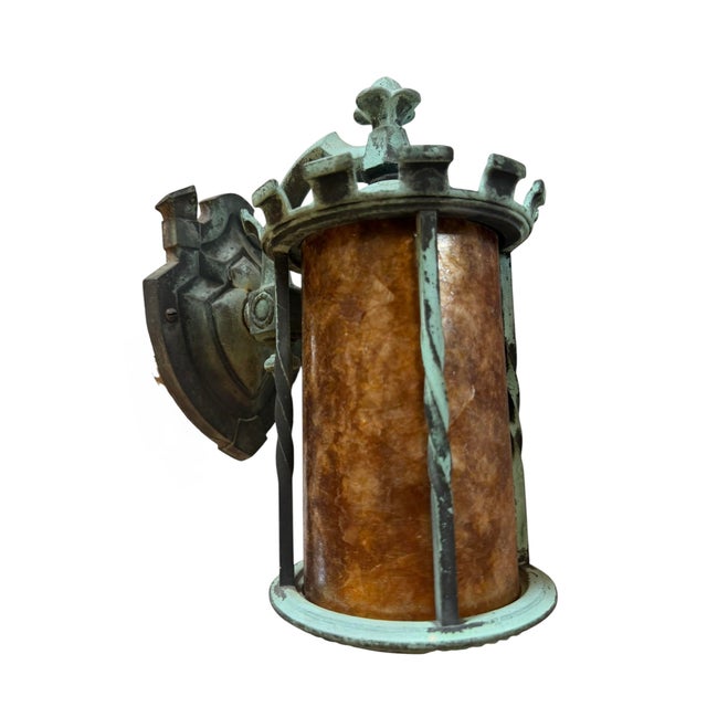 Early 20th Century Original Verdigris Patina Bronze Outdoor Wall Sconce With Mica Shade For Sale - Image 9 of 10