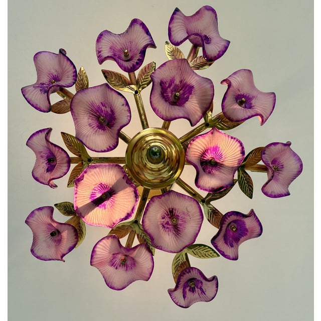 Vintage Hand-Painted Purple Glass Floral Flush Mount Chandelier For Sale - Image 12 of 17