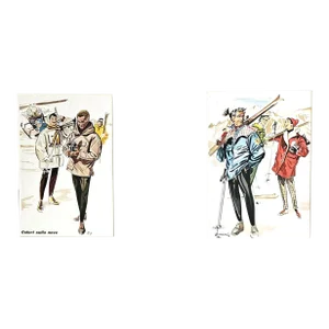 1958 Set of 2-Mid-Century Italian Ski Prints, Matted