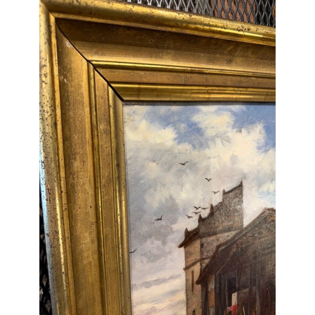 This painting depicts a rustic countryside scene with an old farmhouse or rural building, featuring weathered architecture...