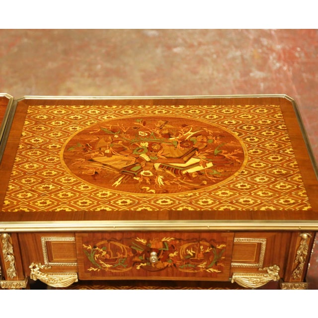 Mid 20th Century Near Pair of Mid-Century French Louis XVI Ormolu Marquetry Side Tables For Sale - Image 5 of 17