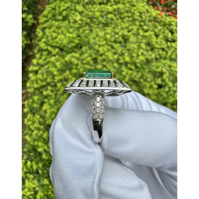 Green 5.17 Carat Colombian Emerald & Baguette Diamond Rectangle Art Deco Frame Ring Size 6 For Sale - Image 8 of 10