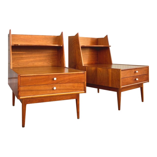 Mid Century Modern Pair of Two-Tier Nightstands With Double Drawers | Kipp Stewart for Drexel For Sale