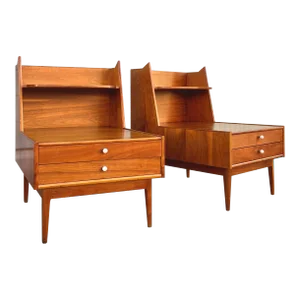 Mid Century Modern Pair of Two-Tier Nightstands With Double Drawers | Kipp Stewart for Drexel
