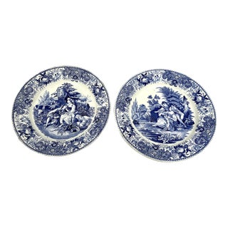 Antique 1800s Louis Lebeuf Pastoral Blue Transferware Plates - a Pair For Sale