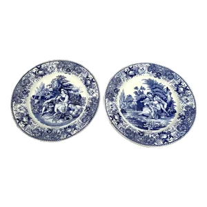 Antique 1800s Louis Lebeuf Pastoral Blue Transferware Plates - a Pair
