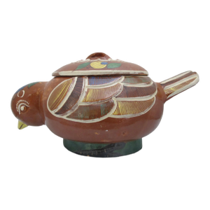 Large Mexican Tonala Redware Pottery Bird Chick-a-Dee Tureen Jar With Lid