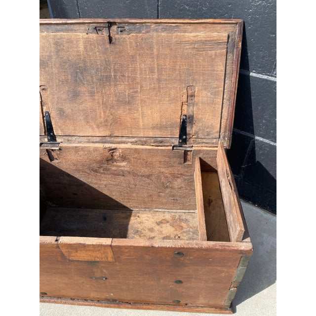 English Early 19th Century Primitive Petite Handcrafted Wood Chest With Iron Hardware, Nailhead Details & Aged Paint For Sale - Image 3 of 5