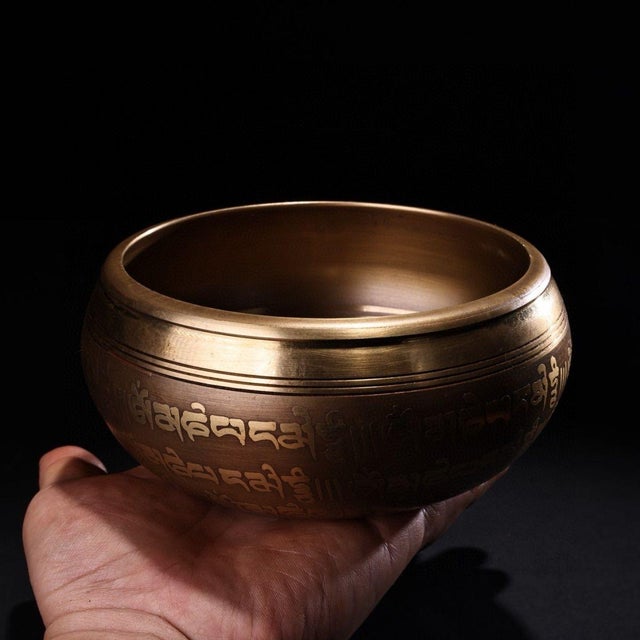 Vintage Tibetan Singing Bowl With Wooden Mallet & Script For Sale In Los Angeles - Image 6 of 9