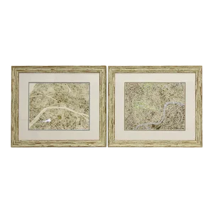 Framed Original Contemporary Watercolor Map Prints of Paris and London, Pair