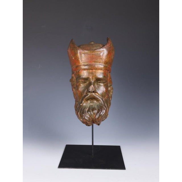 18th Century Polychrome Carved Wooden Bishop Bust, Continental Ecclesiastical Fragment A striking 18th-century carved...