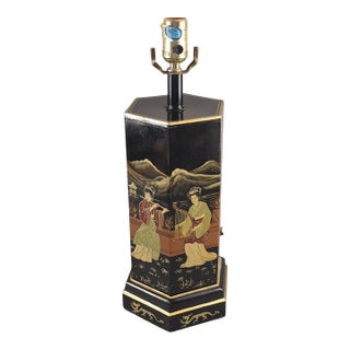Vintage Asian Black Lacquer Hexagonal Figural Chinoiserie Table Lamp For Sale