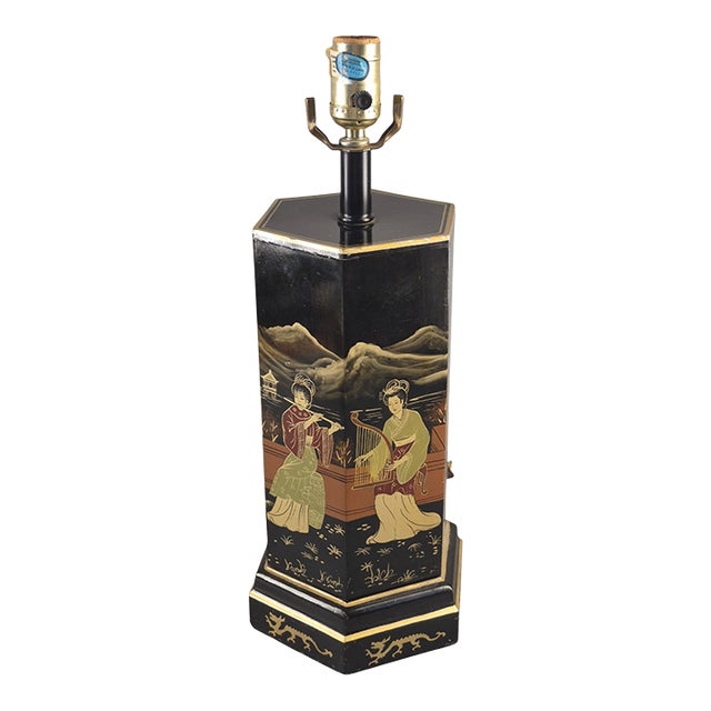 Vintage Asian Black Lacquer Hexagonal Figural Chinoiserie Table Lamp For Sale