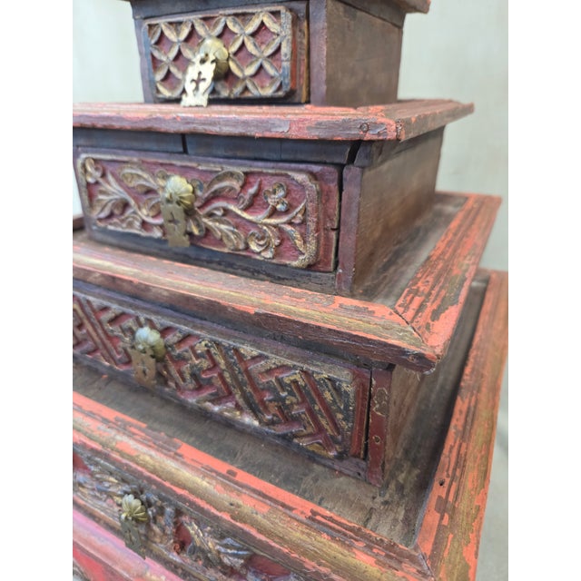 Wood Vintage Sumatra, Indonesia Lacquer Pyramid Shaped Jewelry Box With Five Drawers For Sale - Image 7 of 13