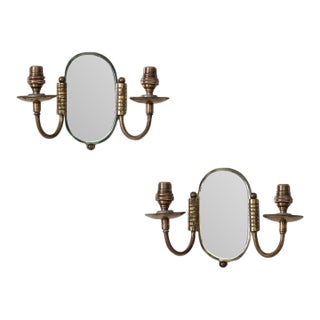 1940s Pair of French Brass and Mirror Sconces For Sale