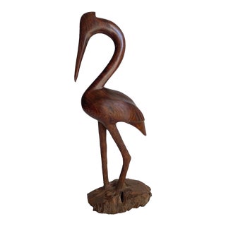 Vintage Carved Ironwood Stork Statue Crane Flamingo Mid Century Iron Wood Large 16” Tall For Sale