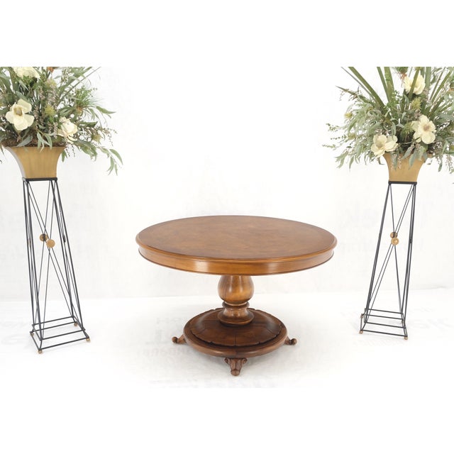 Burl Walnut Wood Top Round Carved Lotus Shape Base Dining Center Table For Sale - Image 6 of 12